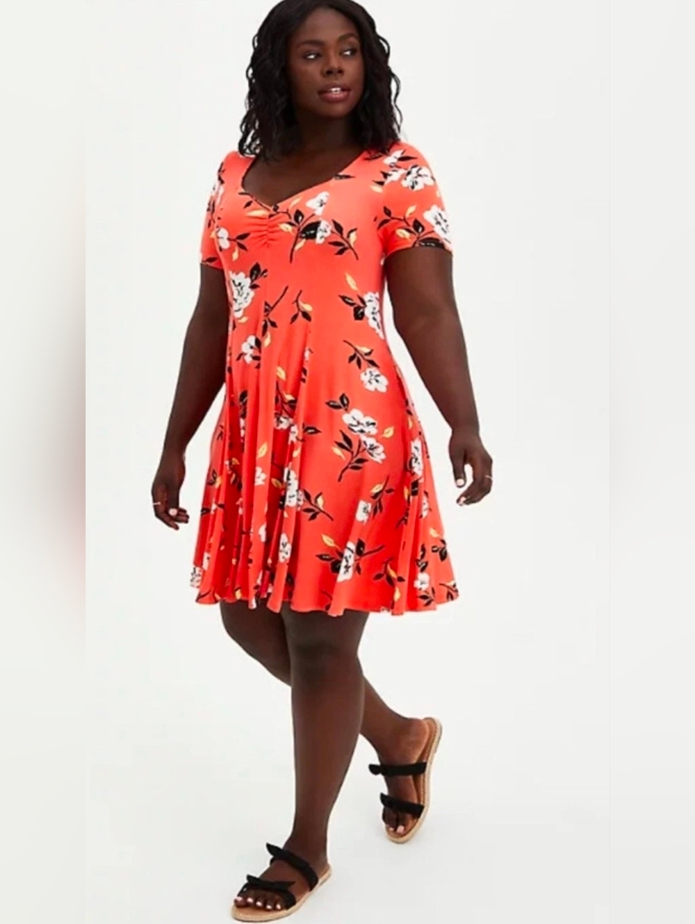 Torrid Fit & Flare Super Soft Knit Orange Coral Floral Dress With Pockets 2X